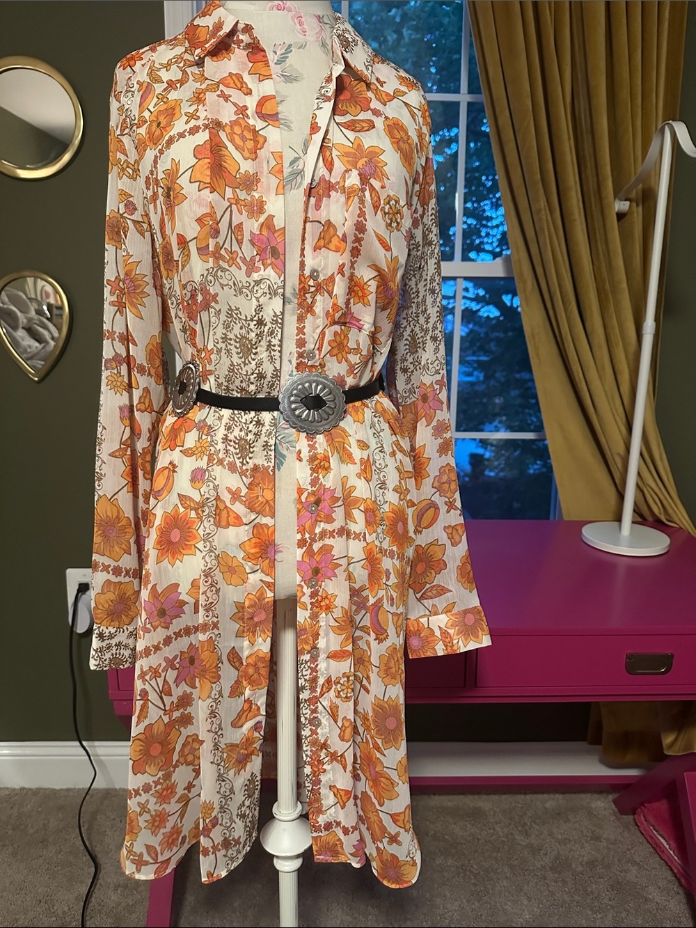 Boho Floral Button-Up Tunic Dress in Cream, Orange & Pink